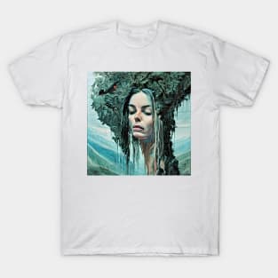 Optical illusion of portrait of pretty young woman and some nature T-Shirt